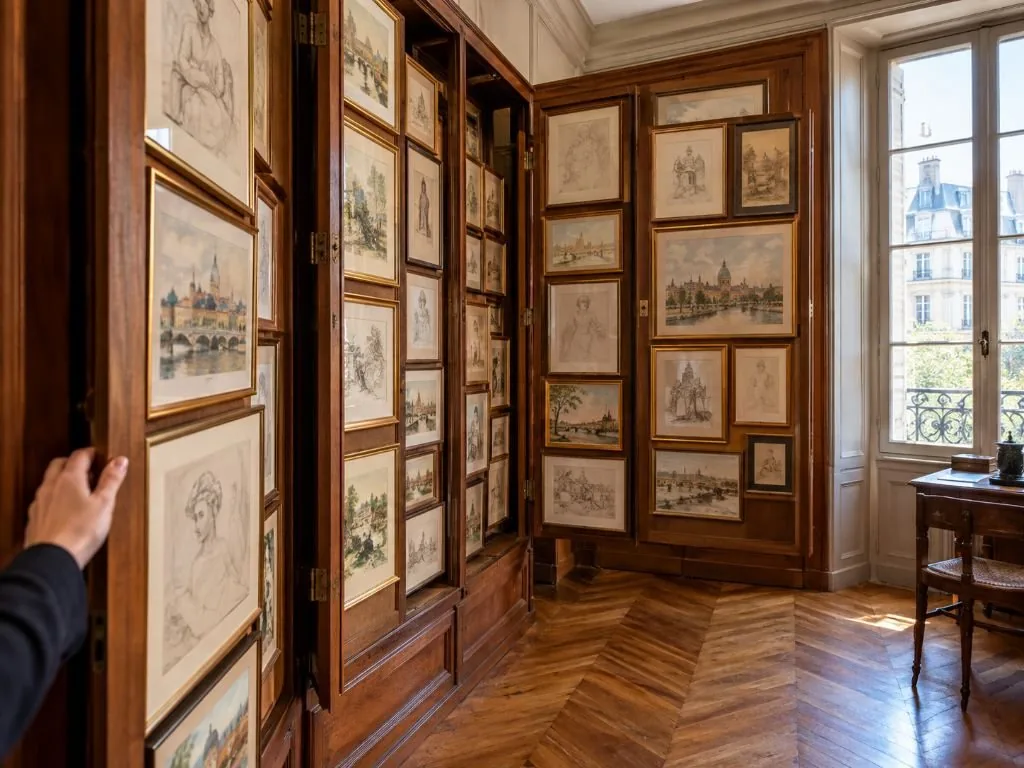 Un mueble de hojas pivotantes que contiene los dibujos de Moreau